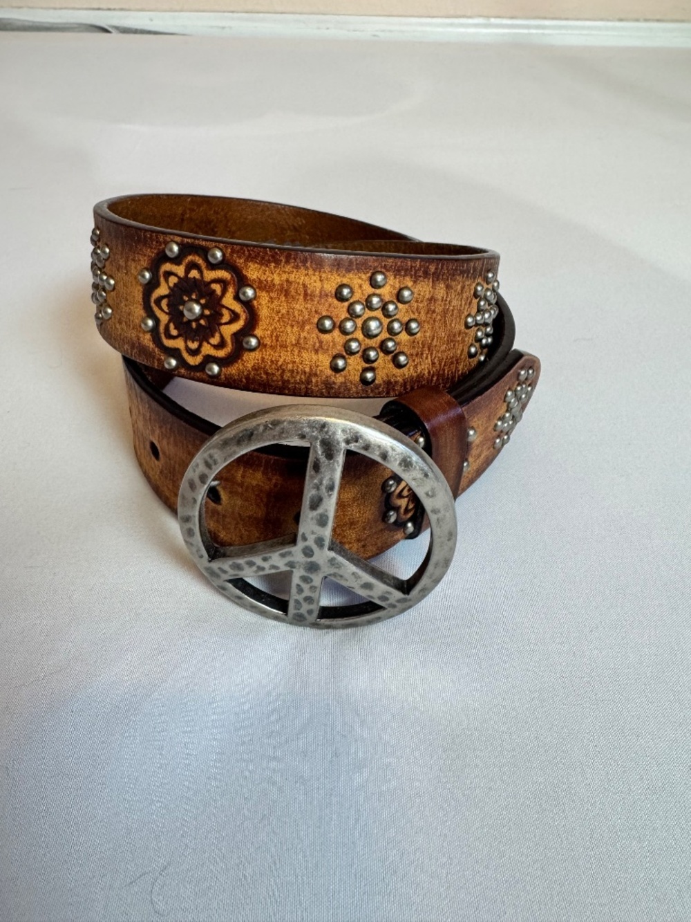 Vintage Boho Cowgirl Brighton tooled brown leather belt Small Sz 32